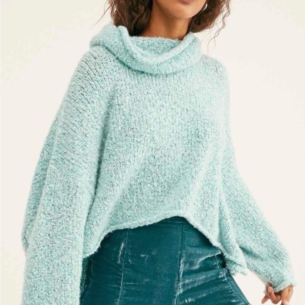 Free People BFF Cowl Neck Sweater Aqua Soft Slouchy Pullover Sz XS Boho Oversize